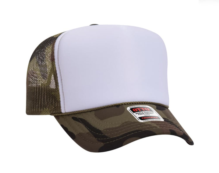 Camo & White Otto 5 Panel High Crown Mesh Back Trucker Hat