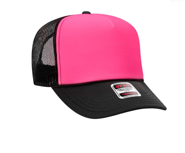 Otto Neon Pink & black high crown trucker foam hat