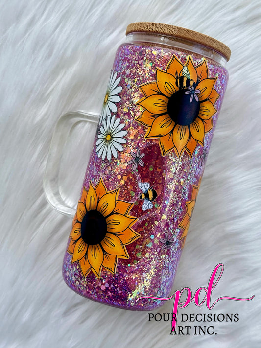 15oz w/handle purple sunflowers snowglobe tumbler (defective decals on lid)