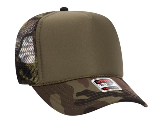 Camo & Olive Otto 5 Panel High Crown Mesh Back Trucker Hat