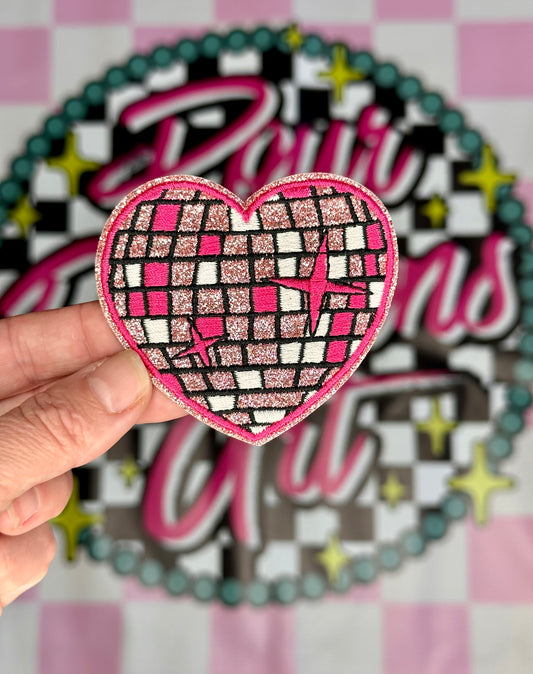 Pink glitter disco heart patch