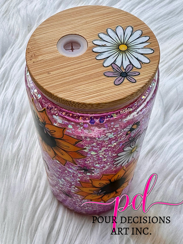 15oz w/handle purple sunflowers snowglobe tumbler (defective decals on lid)