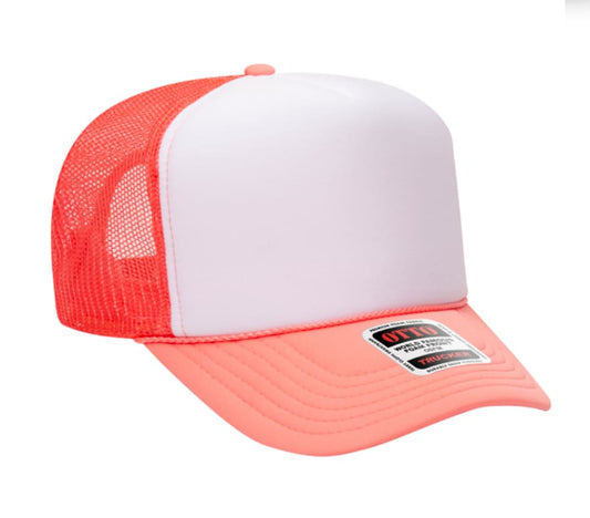 Coral & White Otto 5 Panel High Crown Mesh Back Trucker Hat