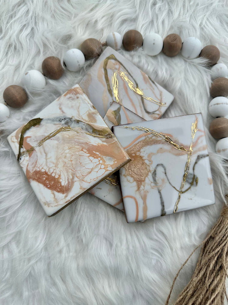 Marbled gold, rose gold and white wooden coasters